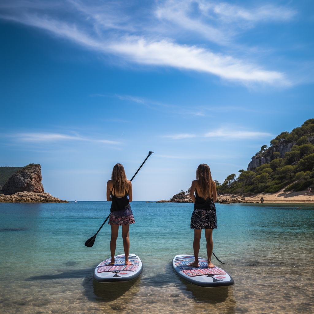 dos mujeres calentando antes de paddle surf