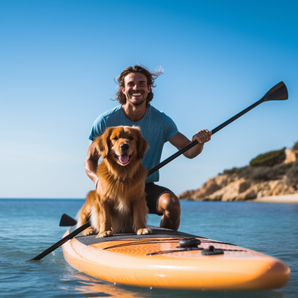 perro y hombre en tabla de paddle surf