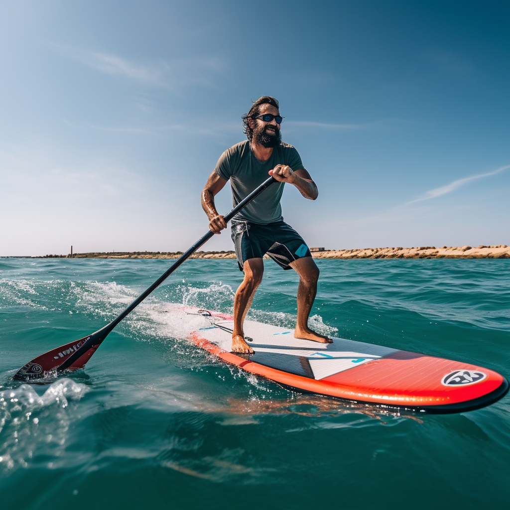 hombre surfeando olas en tabla de paddle surf