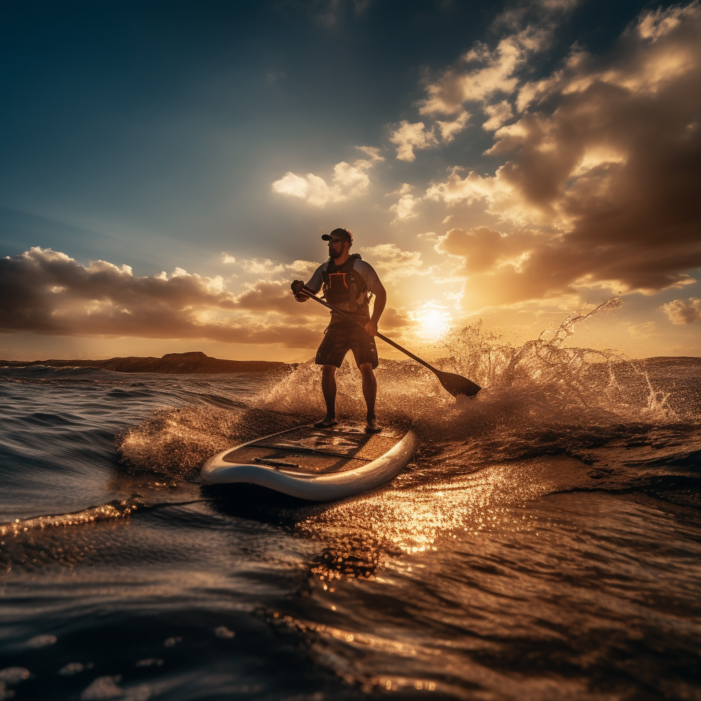 hombre en tabla con remo de paddle surf en la mano